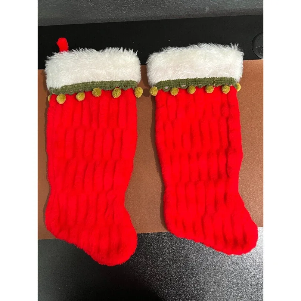 Vintage Set of 2 Christmas texture Stockings - White Cuff & Pom Poms